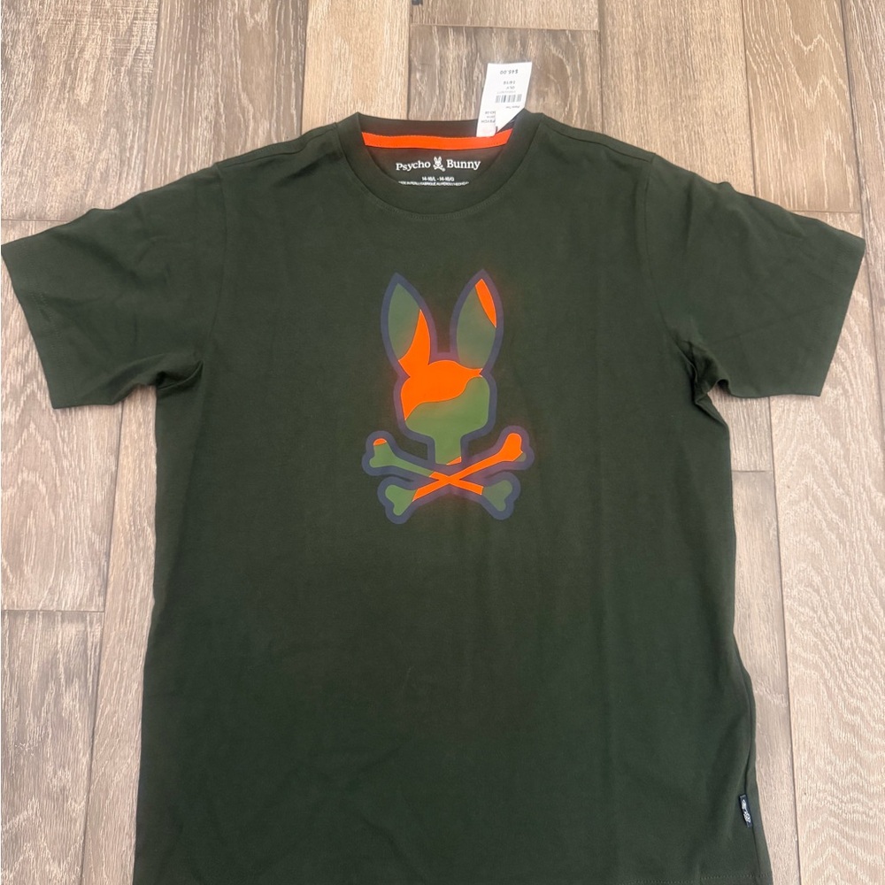 Psycho Bunny Kids Dark Green T-Shirt with Orange Camo Logo size L